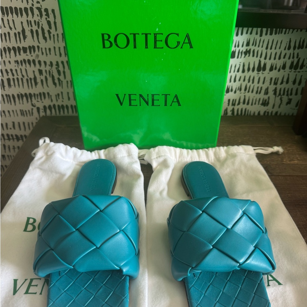 Bottega Veneta Blue Lagoon Interccio Slides New in Box $1350 + tax